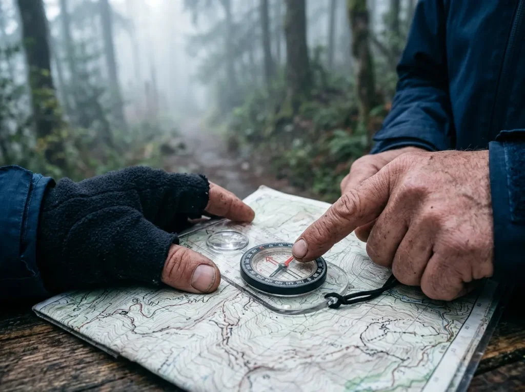 Ręce z kompasem na mapie topograficznej, w tle mglisty leśny szlak