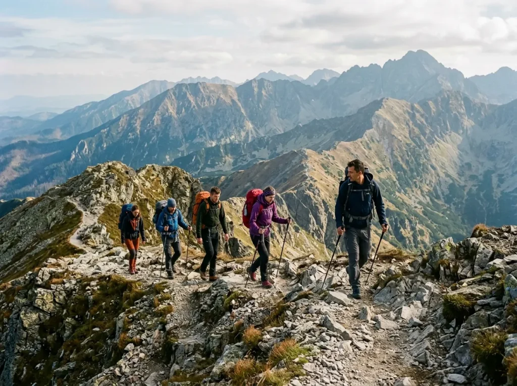 Grupa trekkingowa idzie granią za przewodnikiem, w tle tatrzańskie szczyty