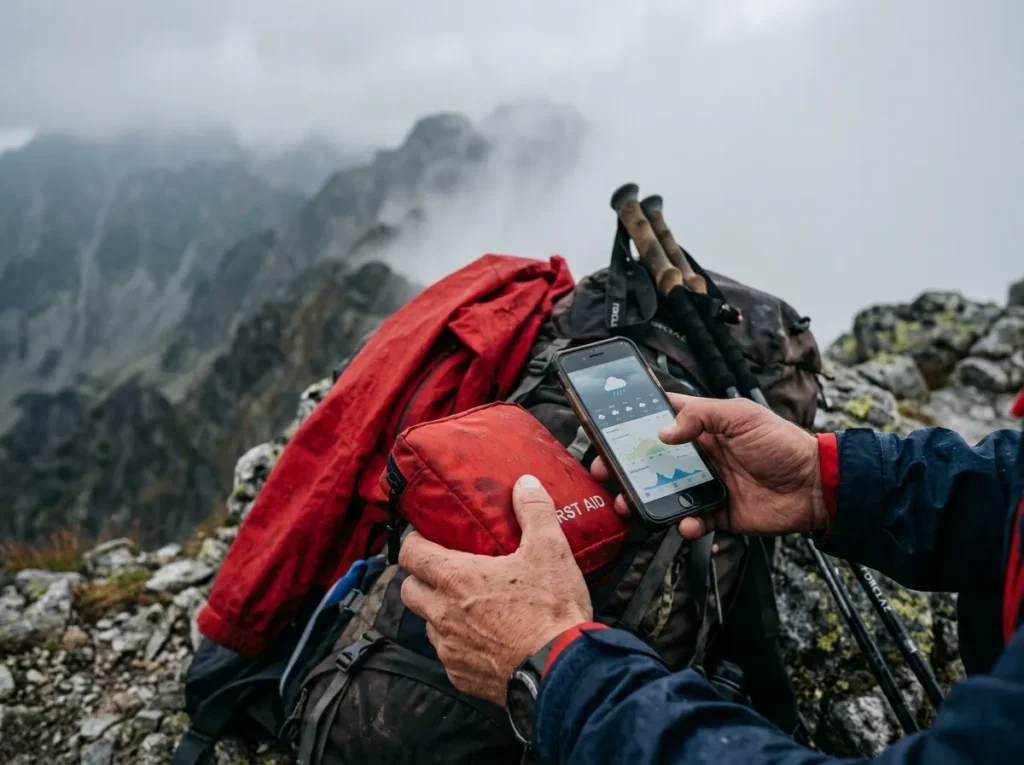 Przewodnik sprawdza apteczkę i prognozę pogody w telefonie na szlaku